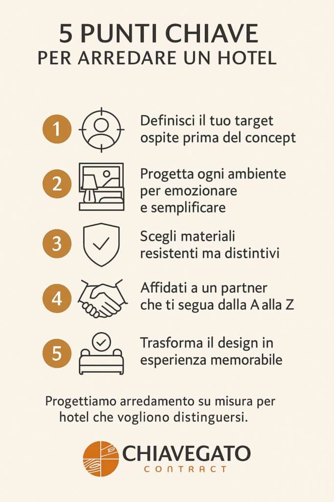 Infografica professionale che sintetizza 5 punti fondamentali per arredare un hotel su misura e aumentare le prenotazioni.
