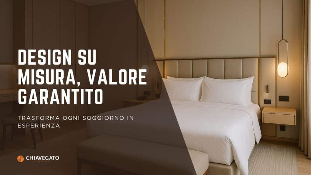 Camera di hotel moderna con arredi su misura: testiera imbottita, comodini in legno, luci in ottone e armadio a tutta altezza
