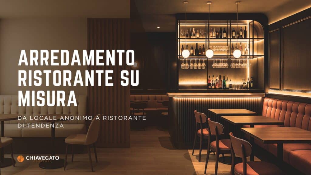 Interno ristorante elegante arredato su misura con sedute imbottite e bancone personalizzato – progetto Chiavegato Contract