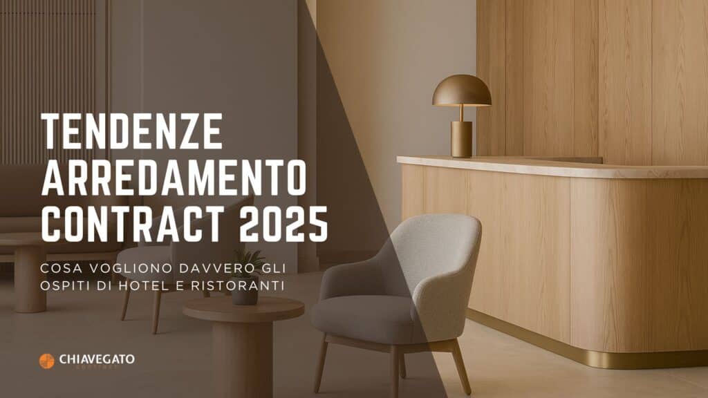 Lobby moderna di boutique hotel con arredi su misura in legno chiaro, palette neutra e dettagli in ottone – immagine per tendenze arredamento contract 2025